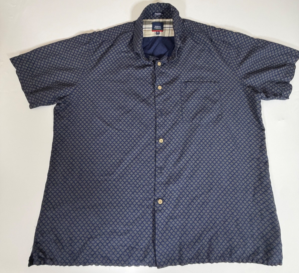 Indian Terrain Mens XL Fluid Linen Shirt Navy Diamond Print Short Sleeve